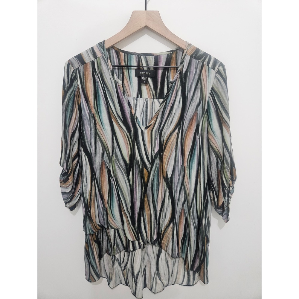 Karen‎ Kane Abstract Print V-Neck High-Low Blouse Multi-Color Viscose Size S